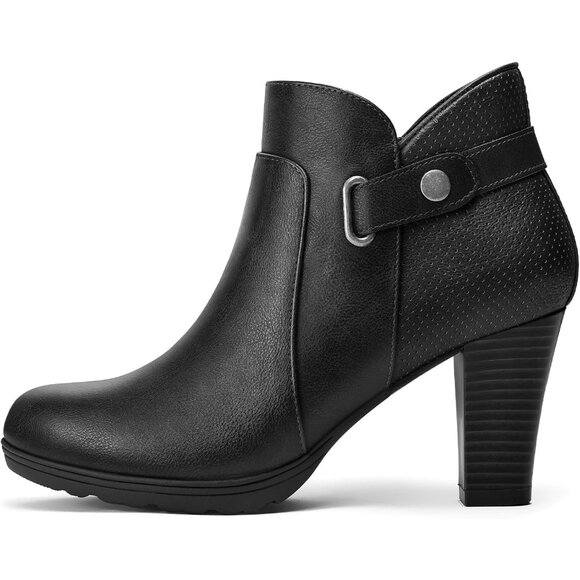 ⚡Women's Black PU Zipper Booties Chunky Stacked Heel Ankle Boots Strap Ankle - Picture 2 of 4